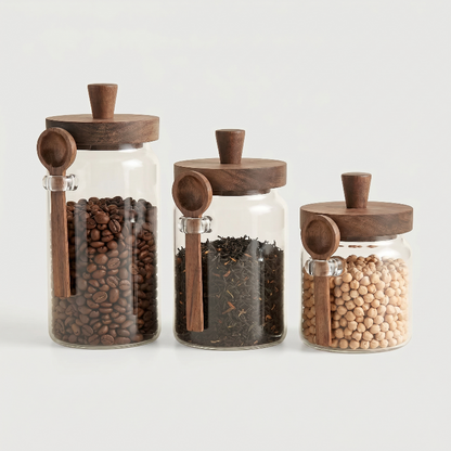 Airtight glass jars with acacia lids and spoons on white background