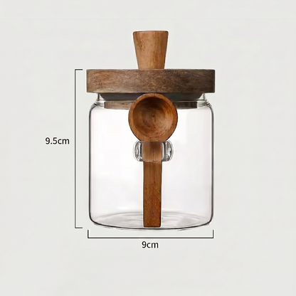 Small airtight glass jar with acacia lid and spoon dimensions graphic