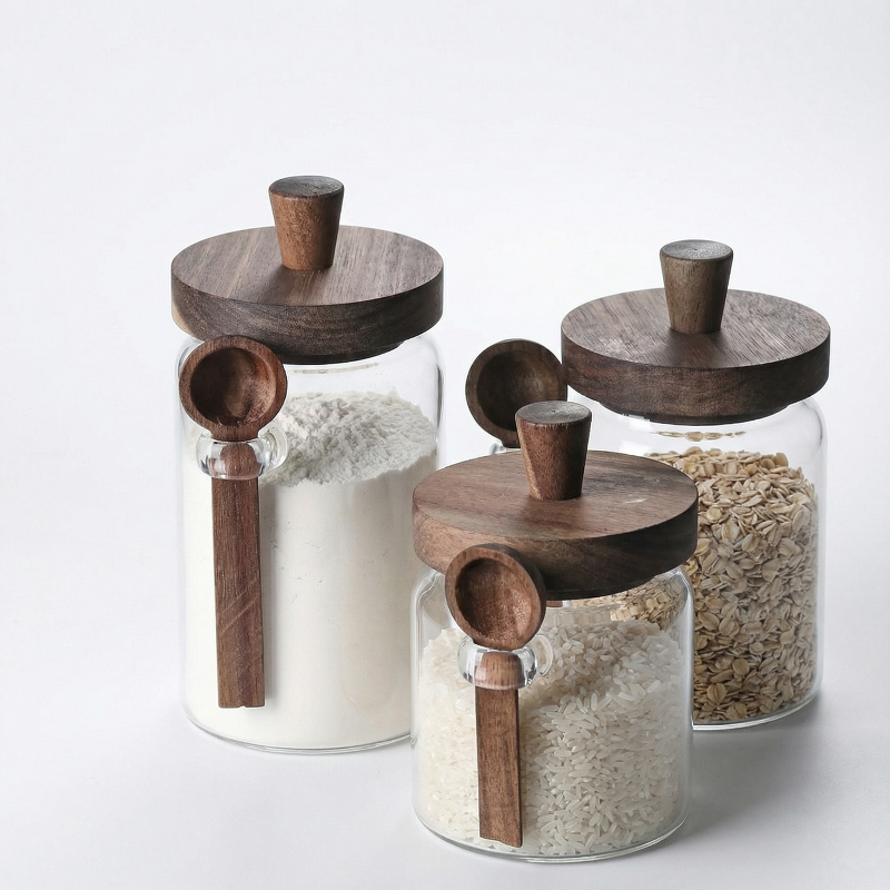 Glass kitchen jars with airtight seal for dry food and pantry organization.
