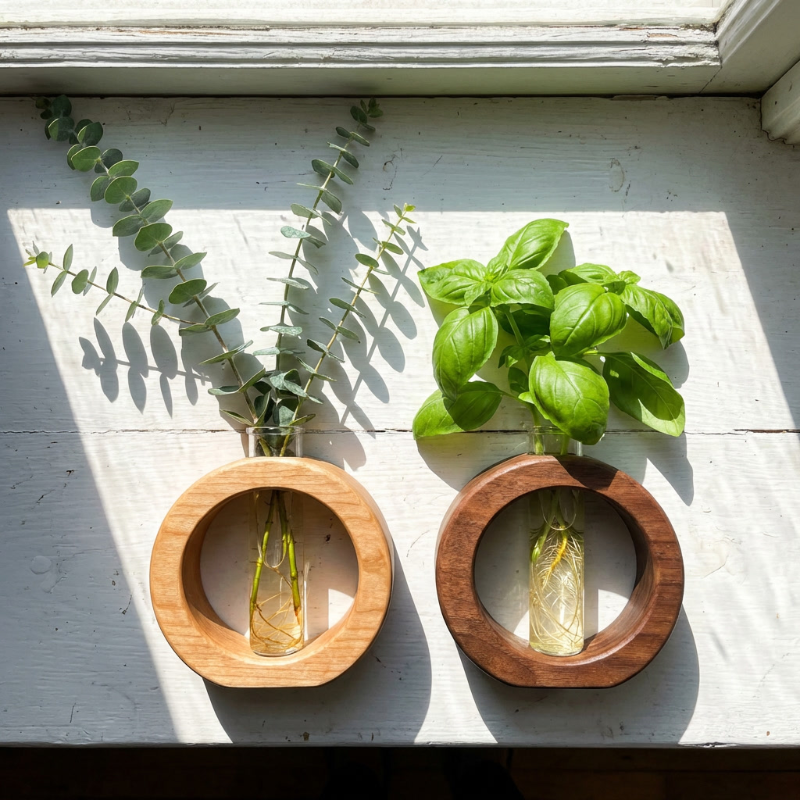 Two Alba wooden plant propagation vases on windowsill with green cuttings