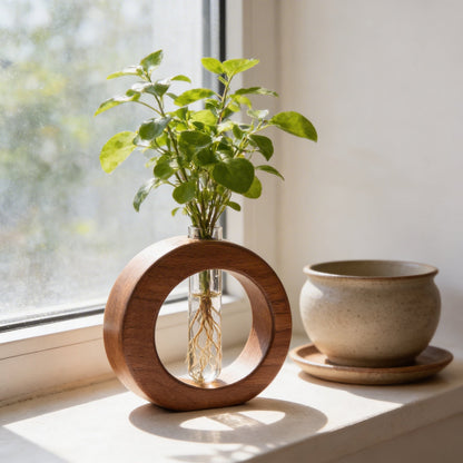Alba wooden plant propagation vase on windowsill with ceramic pot