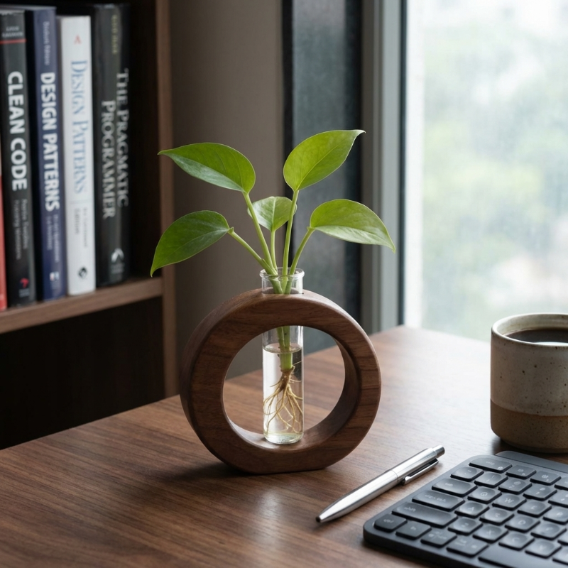 Alba wooden plant propagation vase on desk beside books and plant