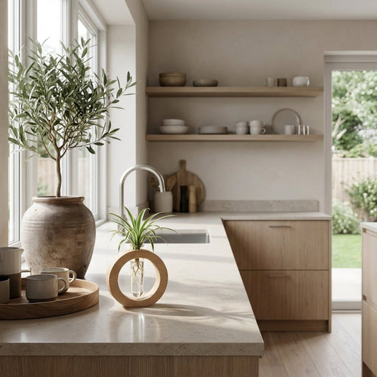 Modern kitchen with wooden cabinets, marble countertops, and decorative elements.