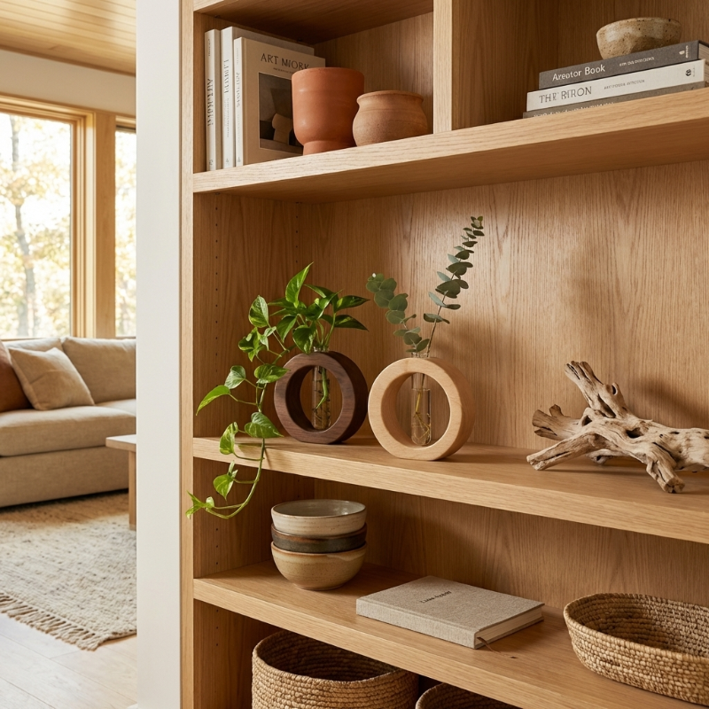 Alba wooden plant propagation vase styled on open wood shelving