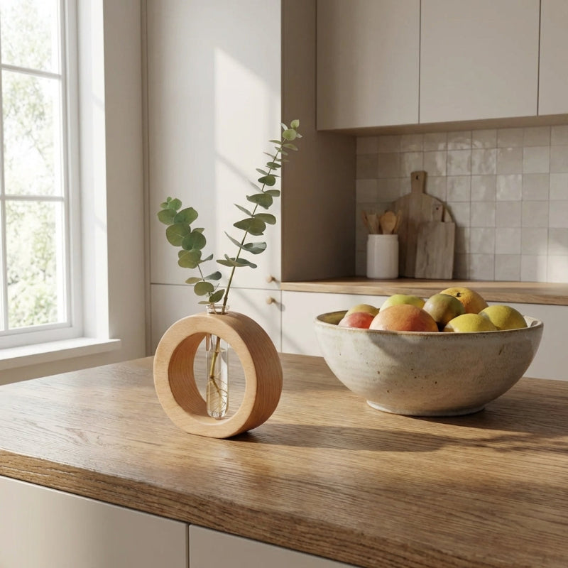 Alba wooden plant propagation vase on kitchen counter beside fruit bowl