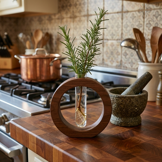 Alba wooden plant propagation vase on kitchen counter with herbs