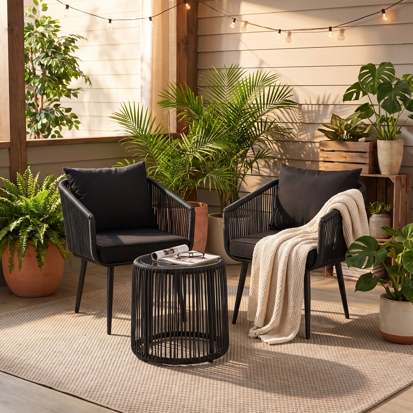 Outdoor patio with black chairs, a small table, and potted plants on a wooden deck.