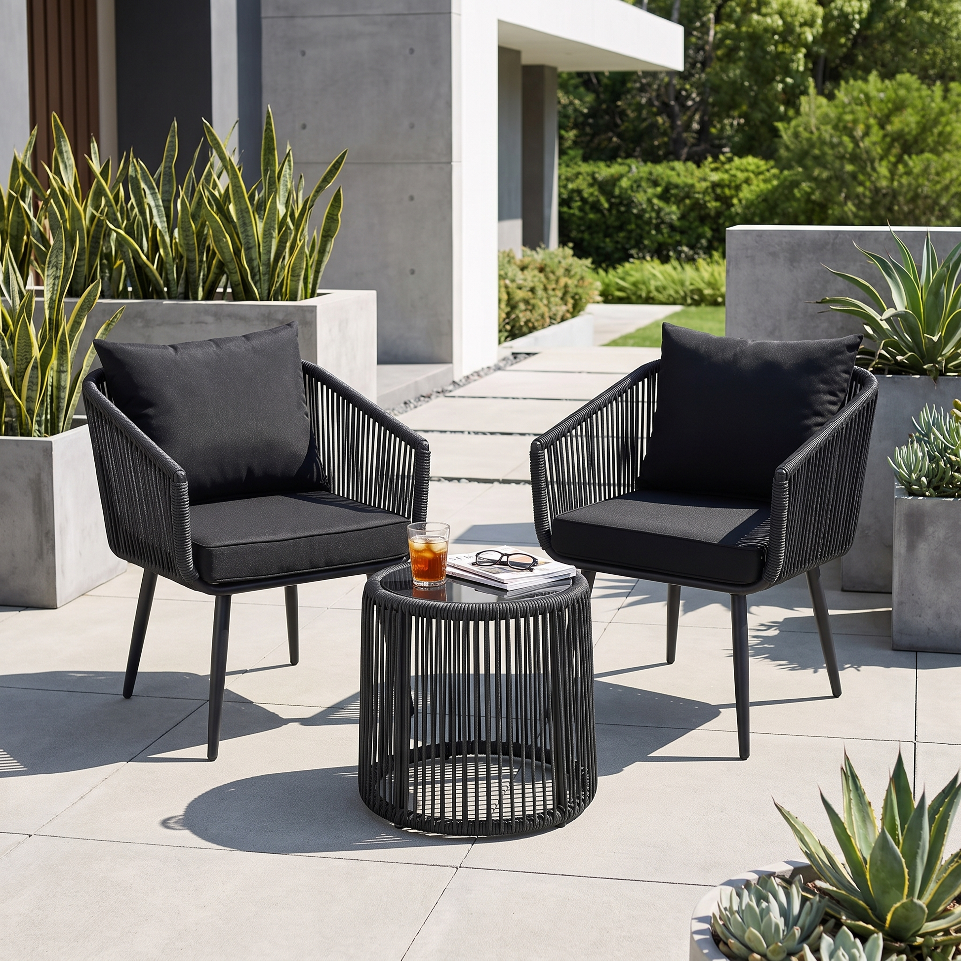 Two black chairs with gray cushions and a small round table on a patio with plants and a building in the background.