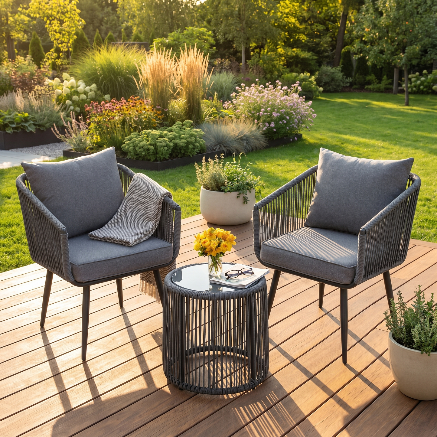 Two chairs with gray cushions and a small table on a wooden deck with a garden in the background.