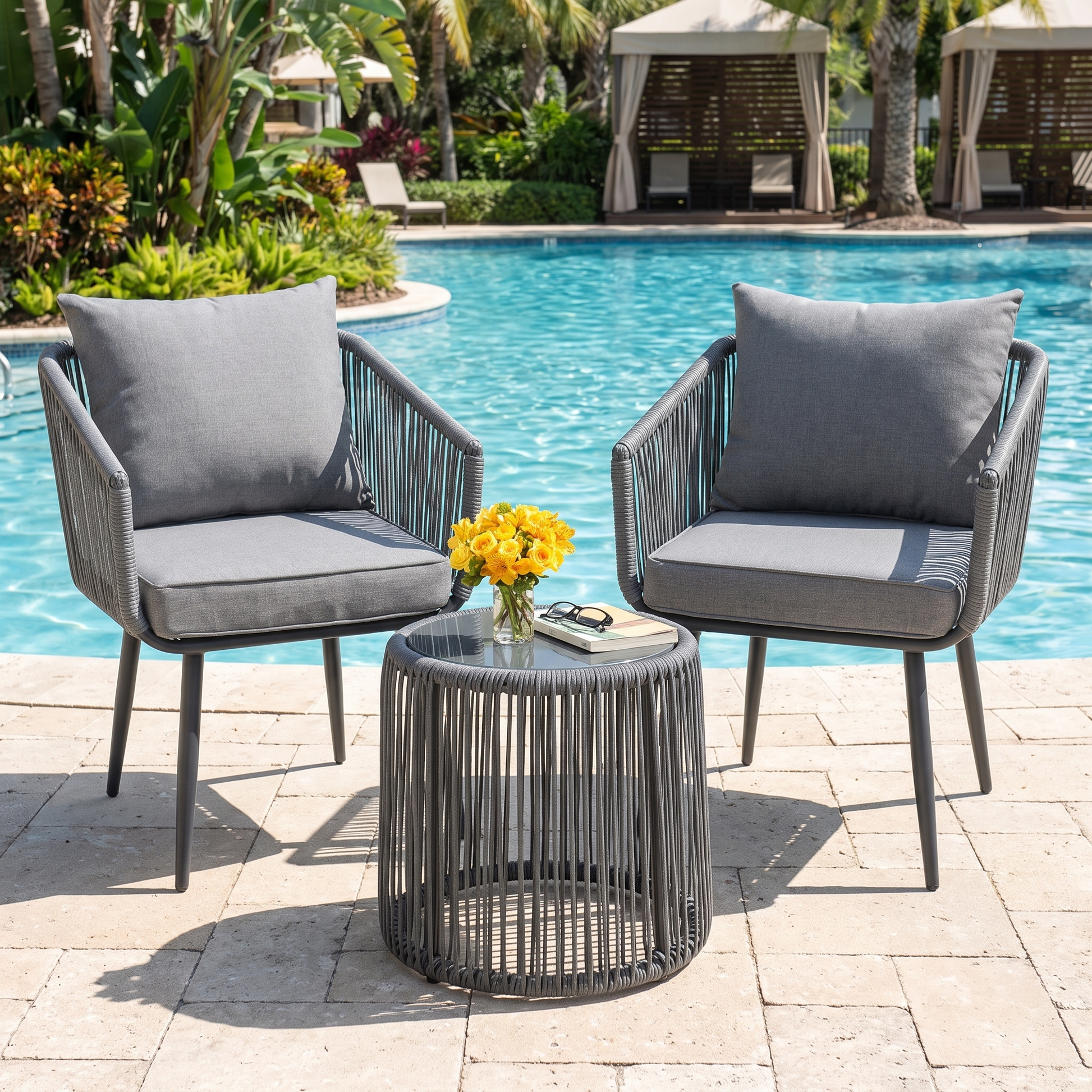 Two gray cushioned chairs with a small table by a poolside, surrounded by greenery.