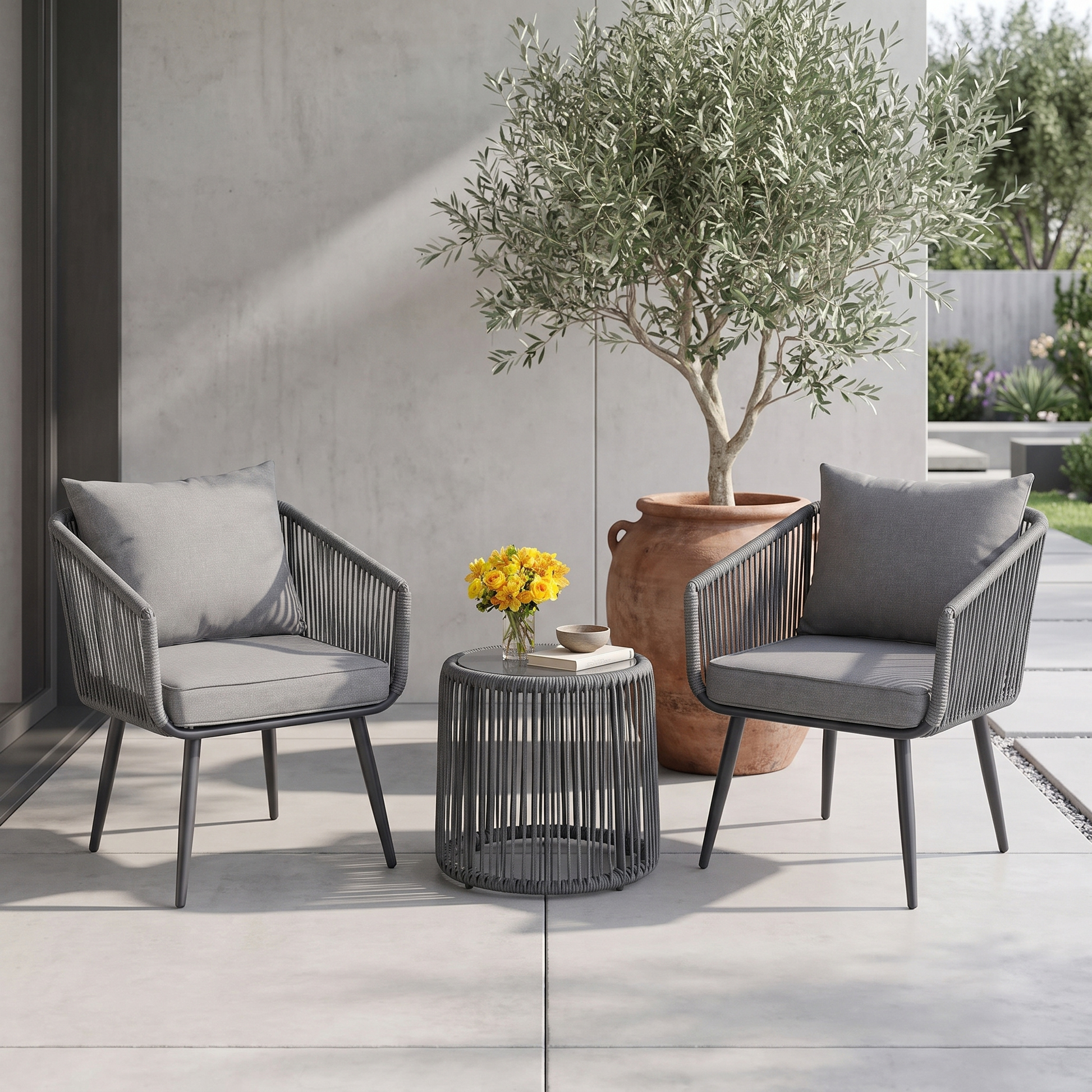 Outdoor patio setting with two gray chairs, a small table, and a potted tree.