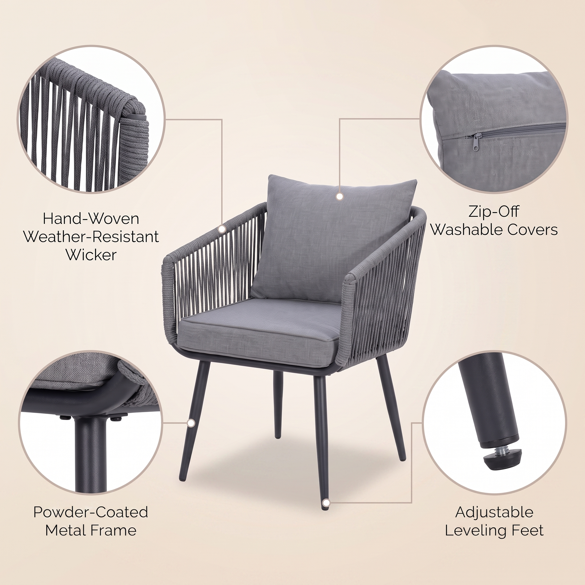 Gray armchair with features highlighted on a beige background