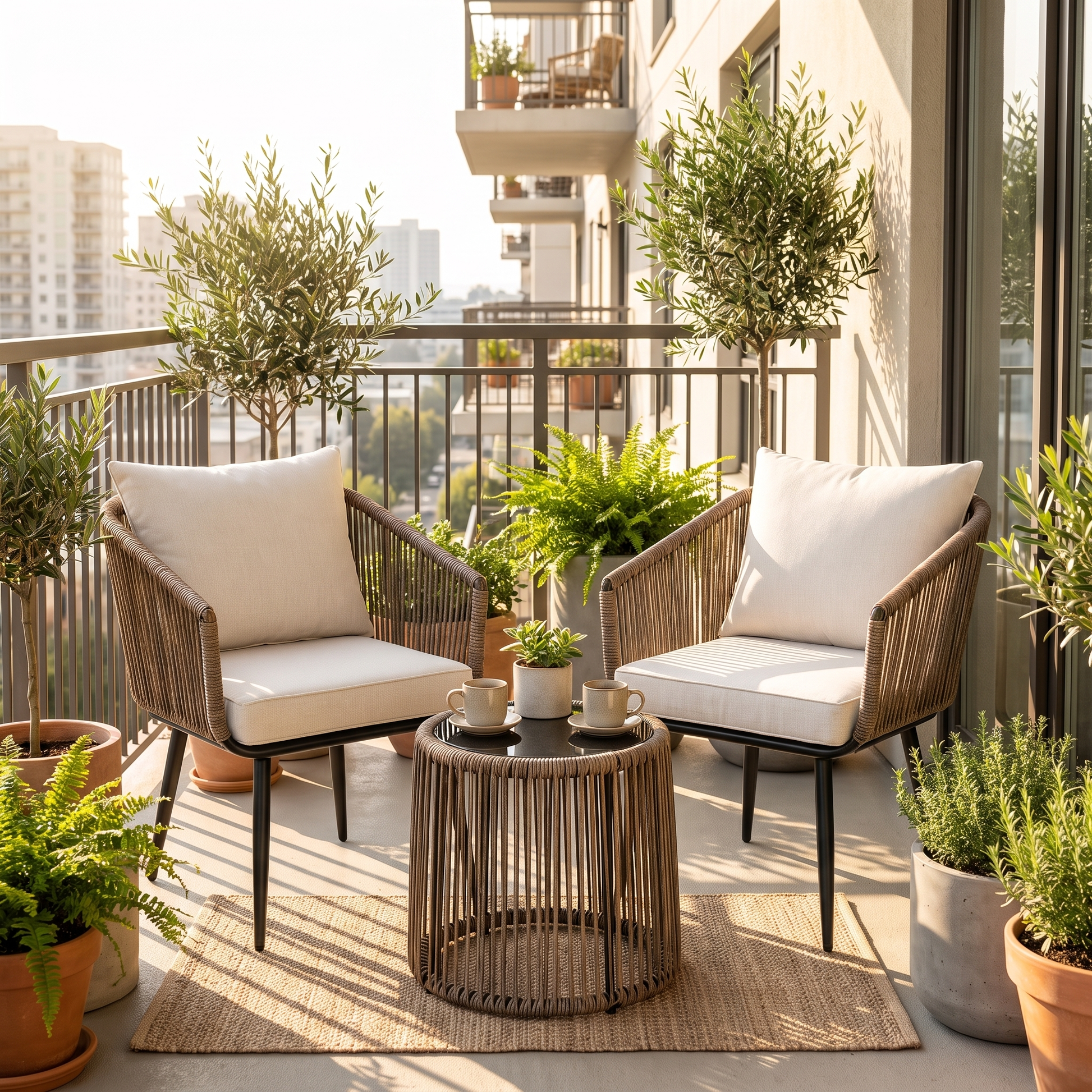 Outdoor patio with wicker chairs, table, and potted plants on a balcony.