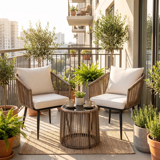 Outdoor patio with wicker chairs, table, and potted plants on a balcony.