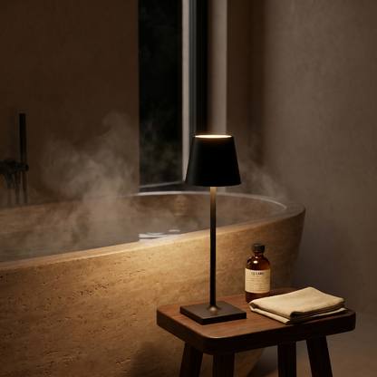 Allegra dimmable cordless table lamp on ledge in warm ambient setting