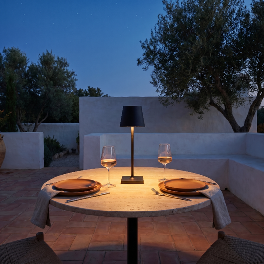 Allegra dimmable cordless table lamp on outdoor round table at dusk