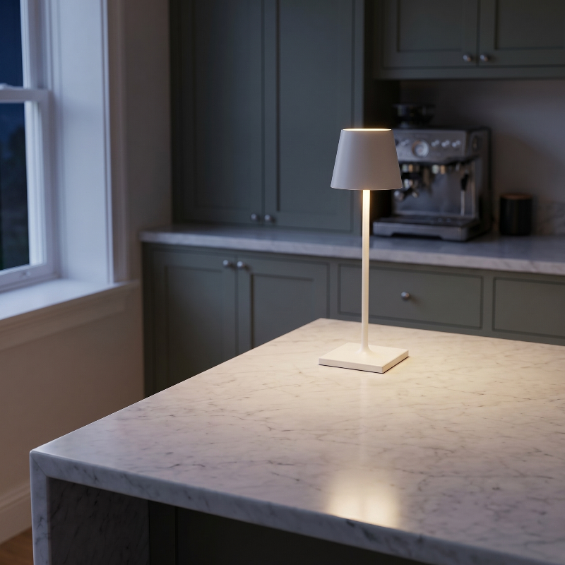 Allegra dimmable cordless table lamp in white on kitchen counter