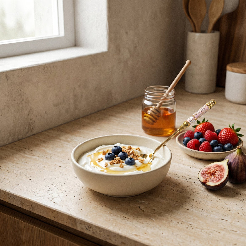 Amalfi dessert spoon beside breakfast tray with fruit and tea