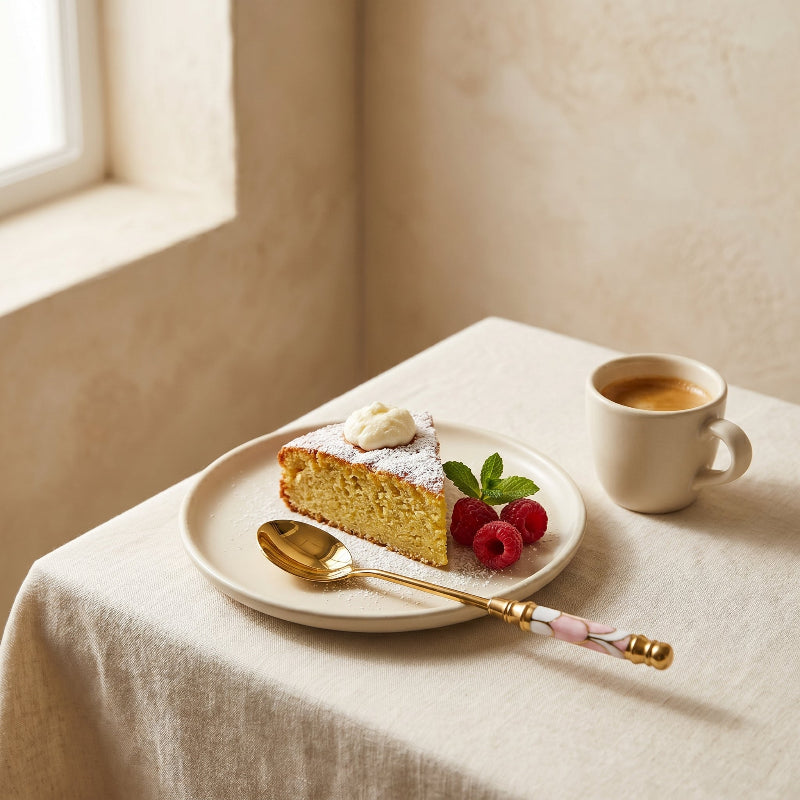 Amalfi dessert spoon with coffee cake and coffee.