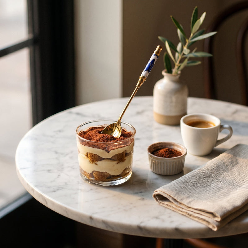 Amalfi dessert spoon beside tiramisu glass and coffee cups