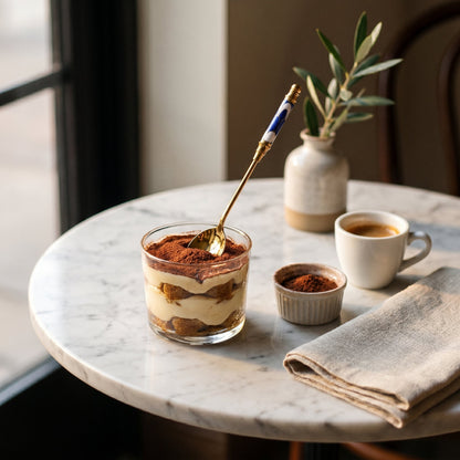 Amalfi dessert spoon beside tiramisu glass and coffee cups