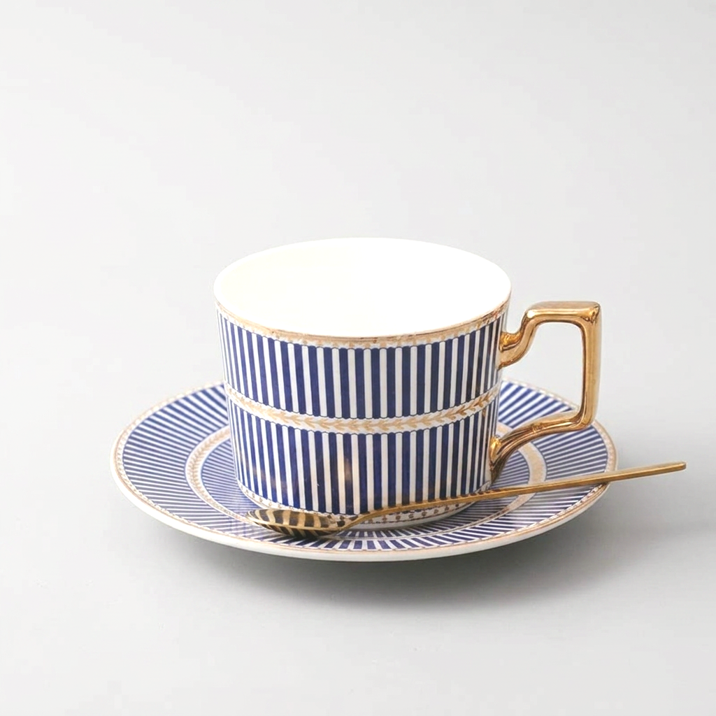 Blue-and-white striped Amalfi ceramic mug and saucer with gold trim and a gold spoon on a clean off-white background
