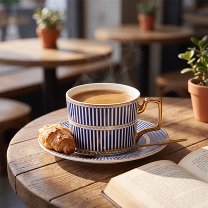 Blue striped Amalfi ceramic mug and saucer on a cafe table beside an open book