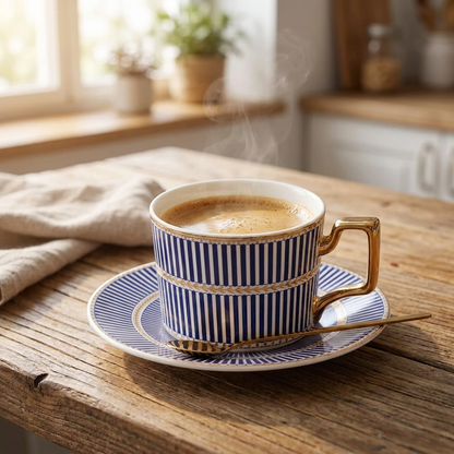 Blue striped Amalfi ceramic mug and saucer with coffee on a sunny cafe table