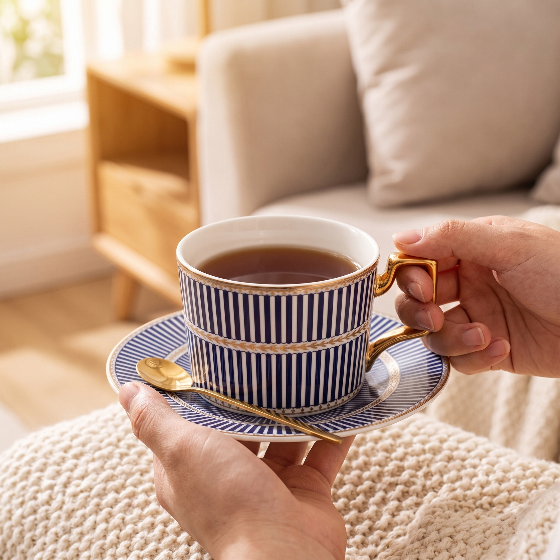 Blue striped Amalfi ceramic mug and saucer with tea held in hands in a cozy interior
