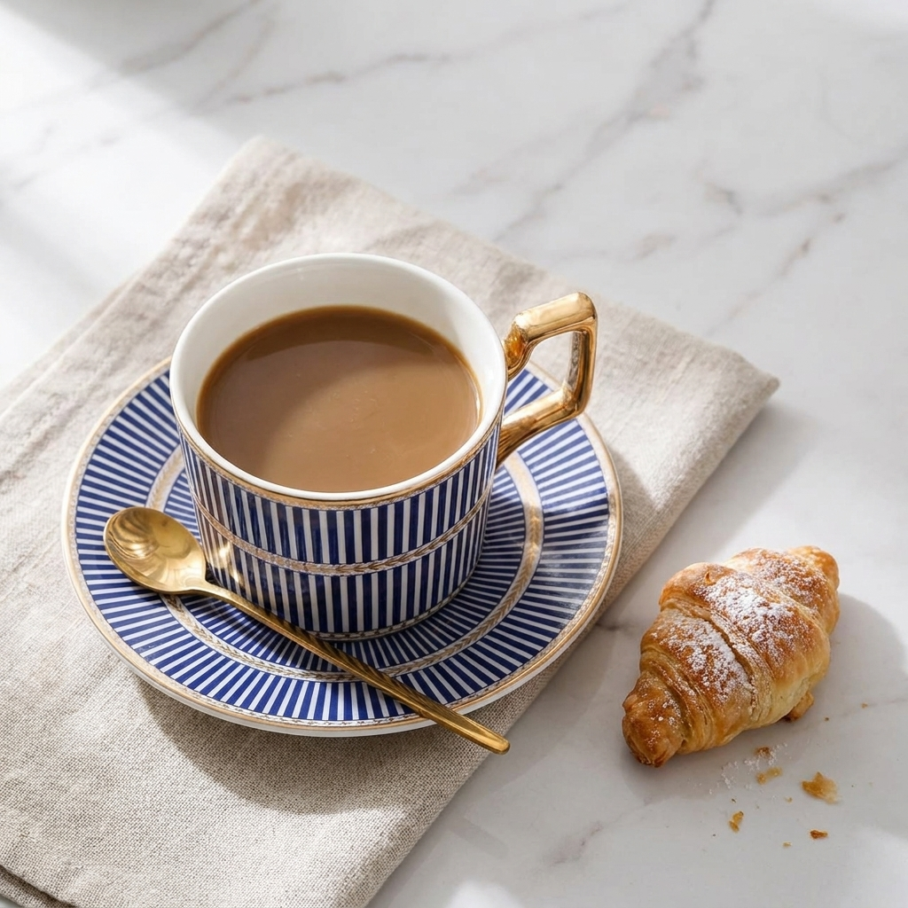 Blue striped Amalfi ceramic mug and saucer with coffee on a marble surface beside a croissant