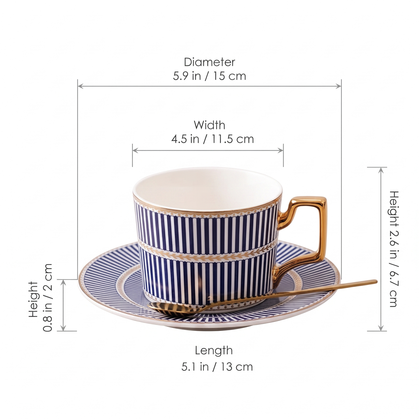 Amalfi mug and saucer dimensions diagram showing mug height 2.6 in / 6.7 cm, saucer diameter 5.9 in / 15 cm, and spoon length 5.1 in / 13 cm