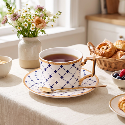 White Amalfi ceramic mug and saucer with blue lattice pattern and tea on a bright breakfast table with fresh flowers