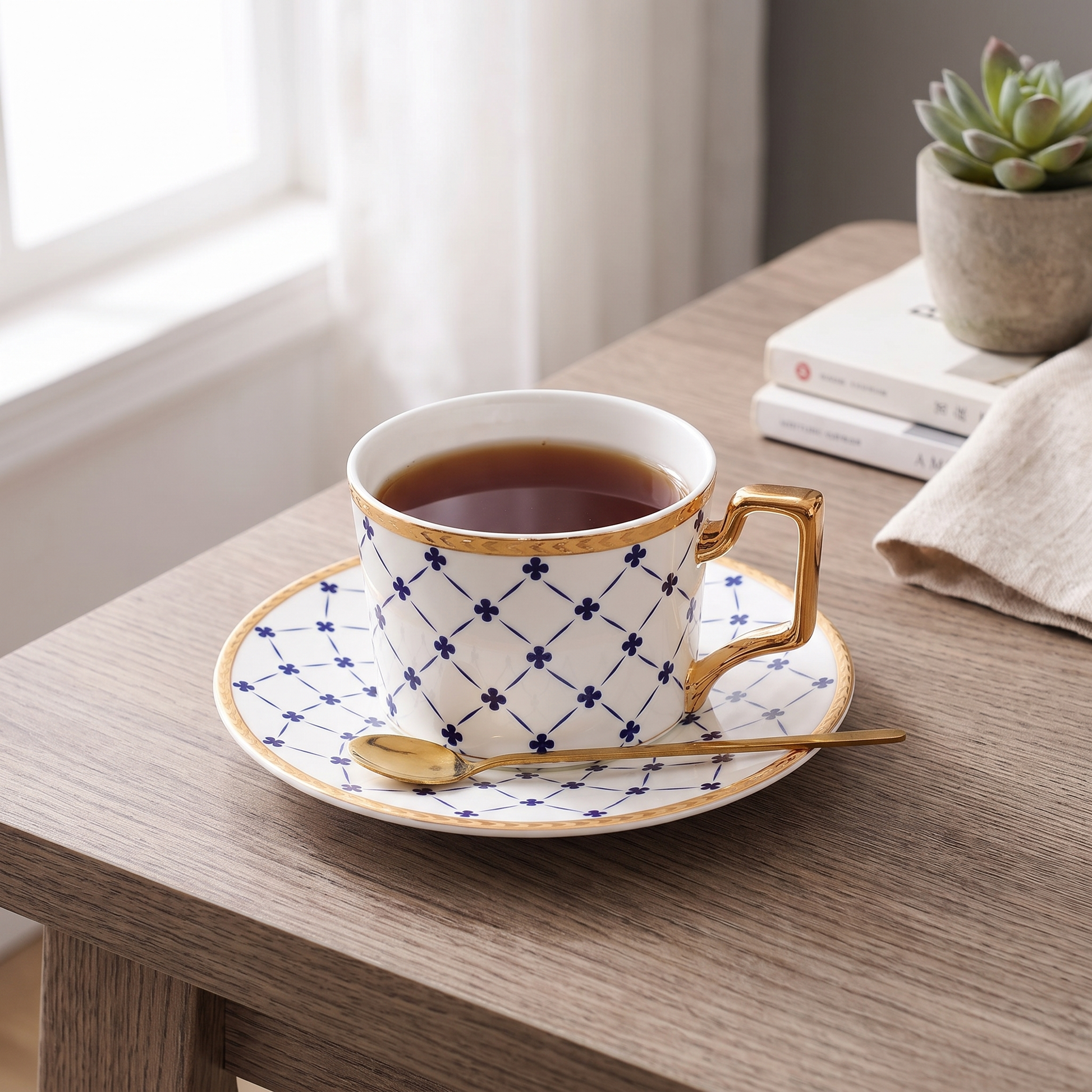 White Amalfi ceramic mug and saucer with blue lattice pattern and tea on a neutral styled coffee table