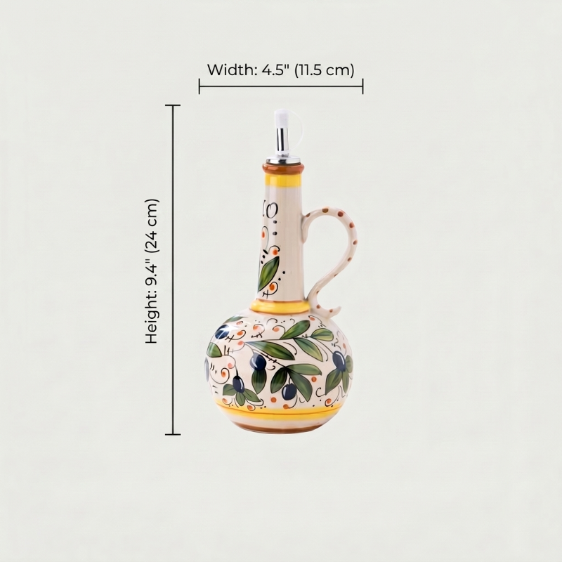 Amalfi olive oil bottle dimensions graphic with floral lemon design on white background