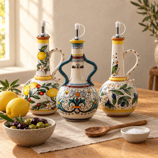 Three hand-painted ceramic olive oil bottles in lemon, blue-handled mosaic and olive branch designs on a wooden table with lemons and an olive bowl