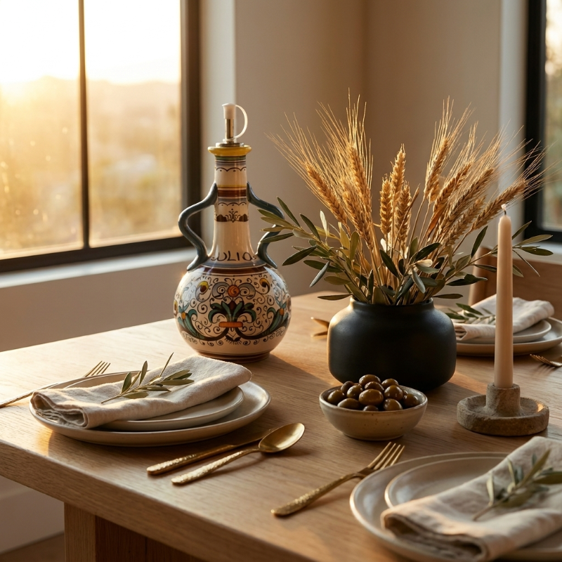 Amalfi olive oil bottle on dining table beside dried stems and tableware