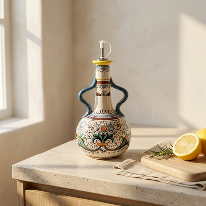 Blue Amalfi olive oil bottle on kitchen counter in soft daylight