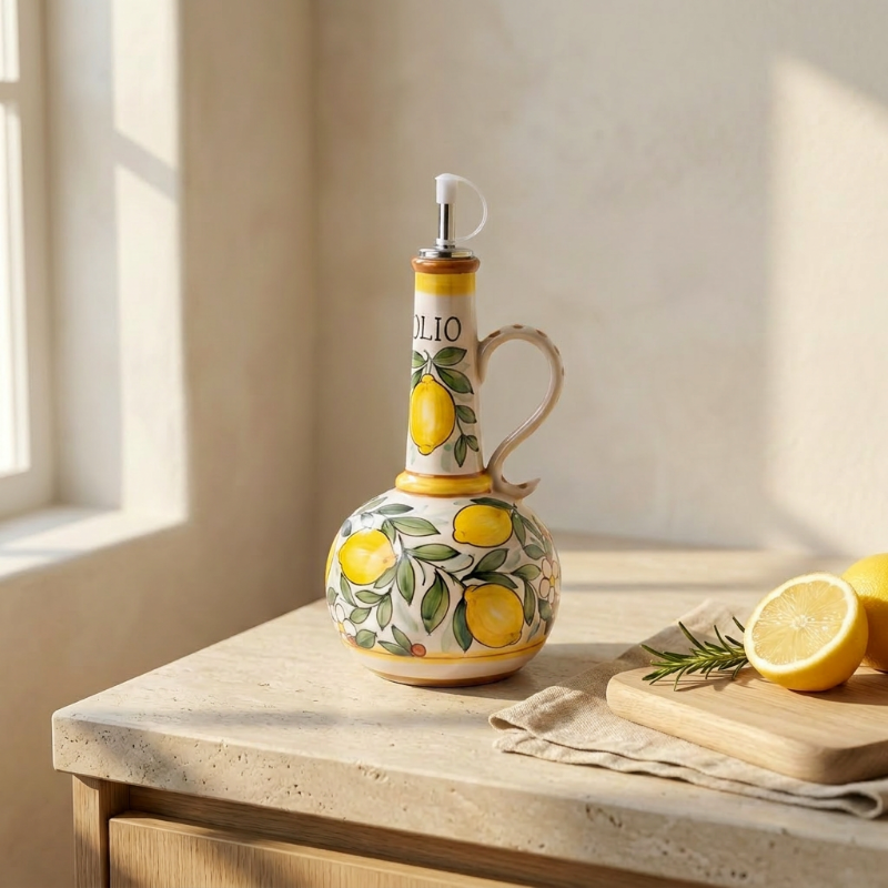 Amalfi olive oil bottle with lemon design on kitchen counter beside sliced lemon