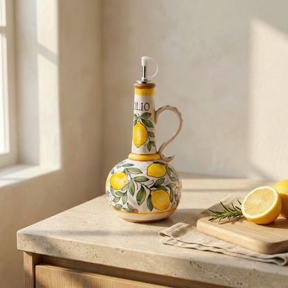 Amalfi olive oil bottle with lemon design on kitchen counter beside sliced lemon