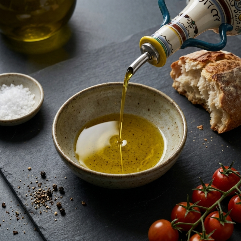Amalfi olive oil bottle pouring olive oil into dish on dark table