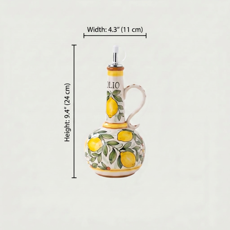 Amalfi olive oil bottle dimensions graphic with lemon design on white background