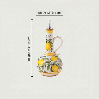 Amalfi olive oil bottle dimensions graphic with lemon design on white background