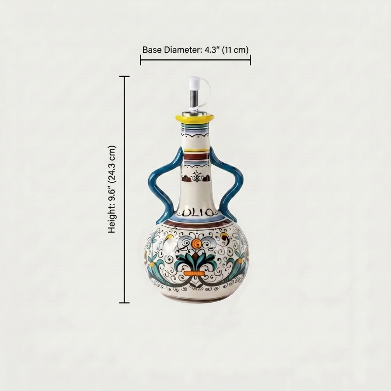 Blue Amalfi olive oil bottle dimensions graphic on white background