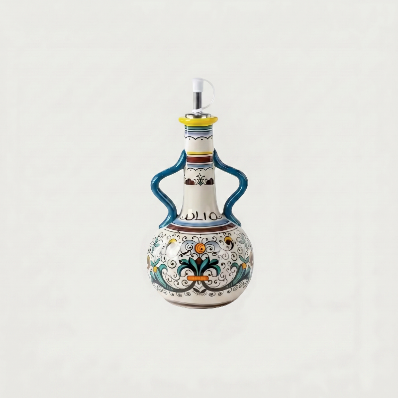 Blue Amalfi olive oil bottle on white background