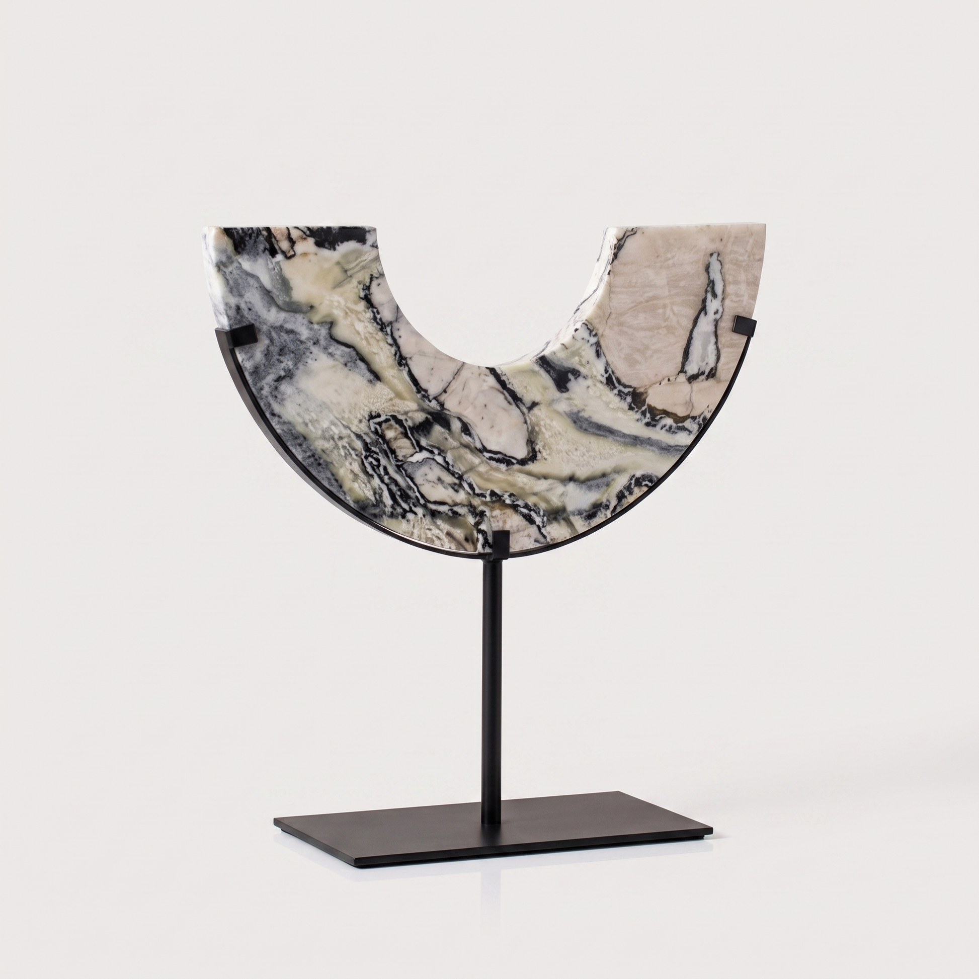 Arched Marble Sculptural Object hero shot on a black metal stand against a clean off-white background