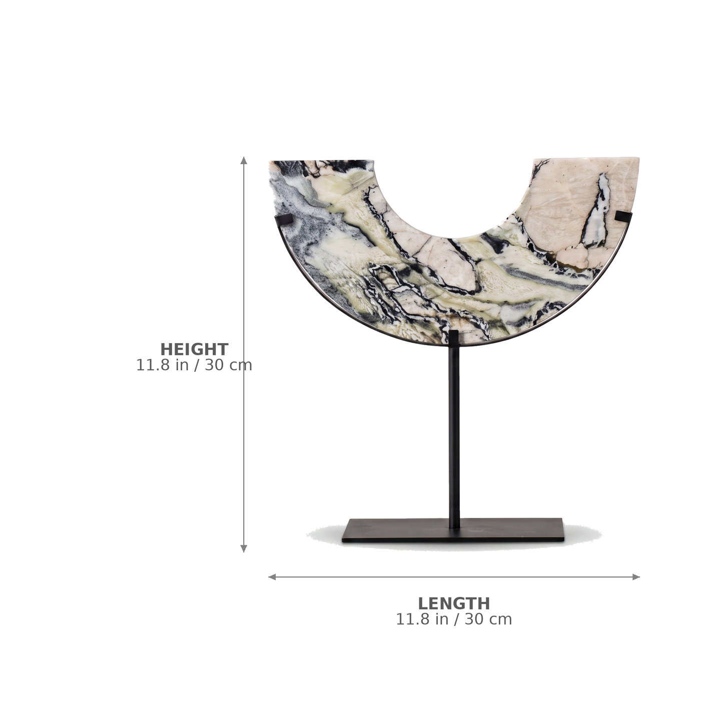 Arched Marble Sculptural Object large size dimensions diagram showing height 11.8 in / 30 cm and length 11.8 in / 30 cm