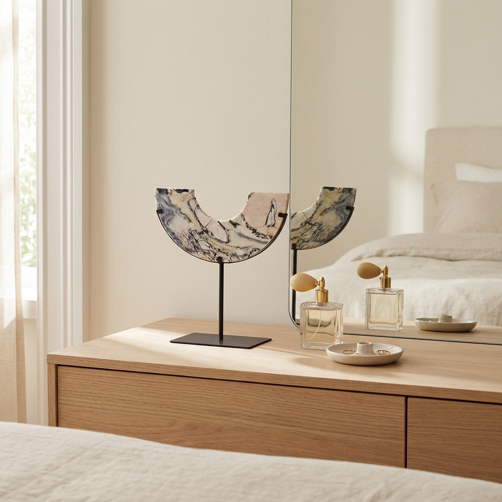 Arched Marble Sculptural Object styled on a bedroom dresser as a minimalist decorative accent