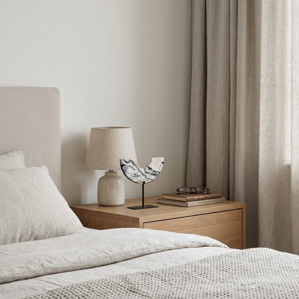 Arched Marble Sculptural Object styled on a bedroom nightstand with a lamp