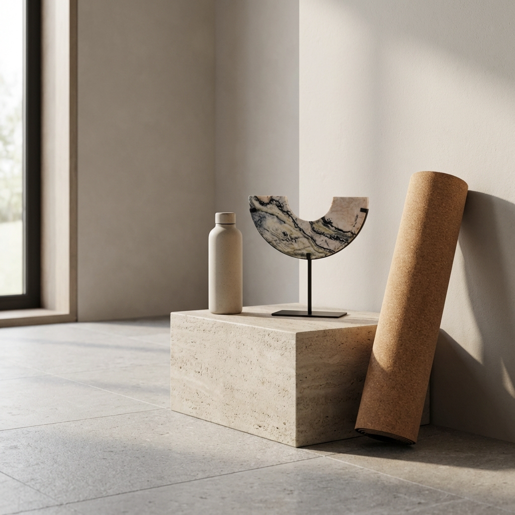 Arched Marble Sculptural Object displayed on a travertine plinth in a minimalist interior