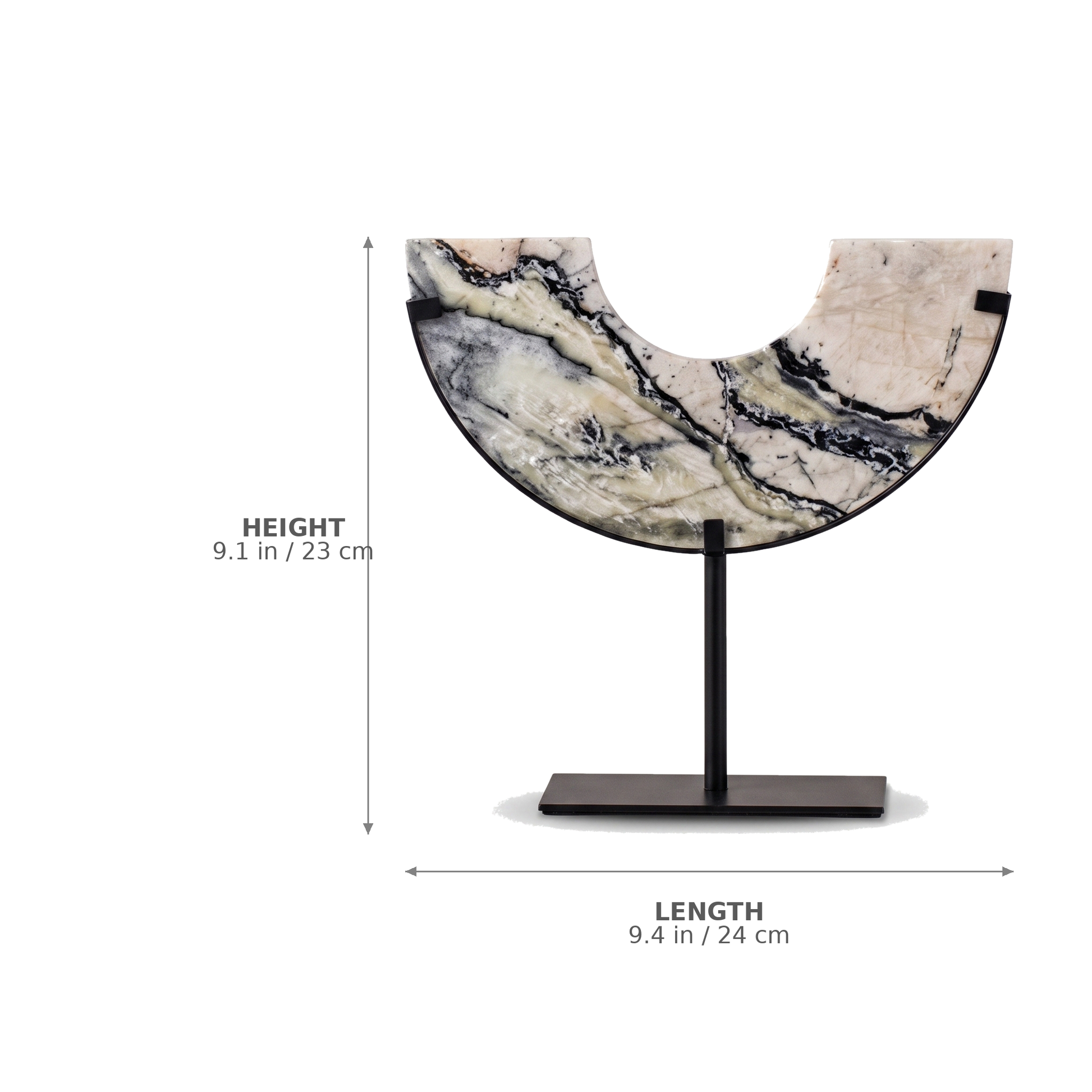 Arched Marble Sculptural Object small size dimensions diagram showing height 9.1 in / 23 cm and length 9.4 in / 24 cm